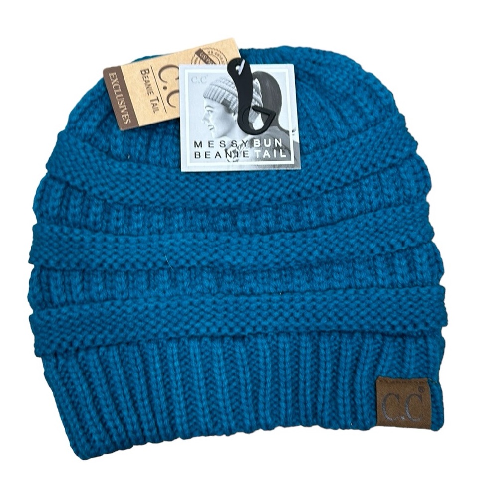 C. C Teal Messy Bun Beanie Tail Cable Knit Beanie Winter Hat NWT New